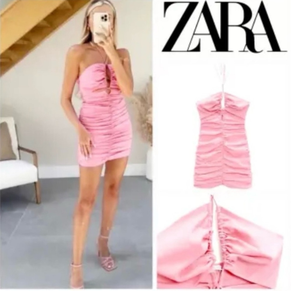 Zara Barbie Pink Ruched Cutout Halter Mini Dress Sz XL Women